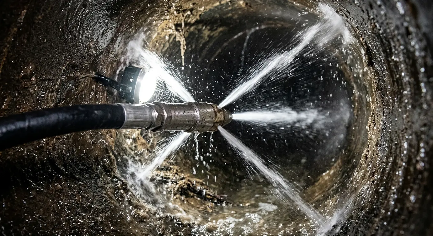 High-pressure hydro jetting nozzle cleaning sewer pipe for Trenchless Sewer Repair in Tallmadge