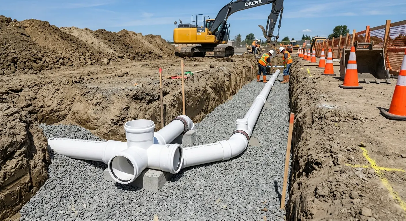 New PVC sewer pipe installation in open trench for Commercial Drain Cleaning in Tallmadge